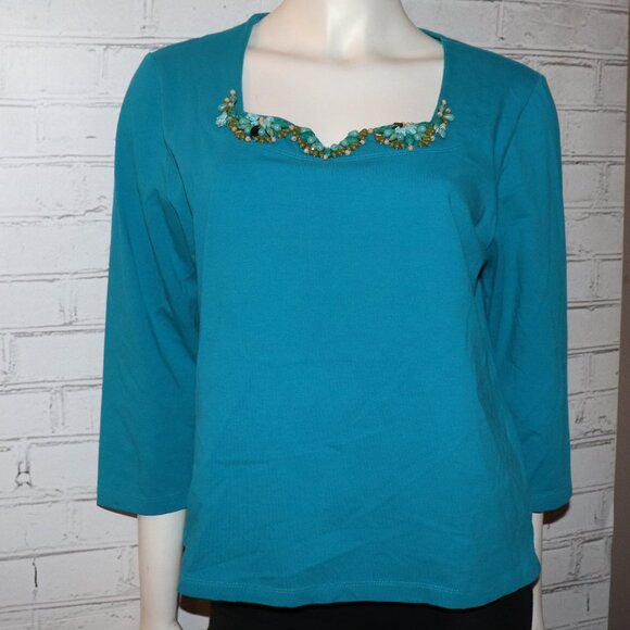 💙🌊 Ruby Rd. Blouse · Blue + Turquoise Detail · Size L · ¾ Sleeve - Picture 1 of 6